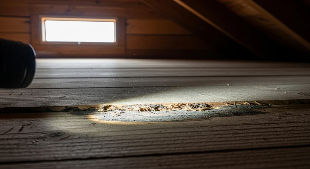 Roof Decking Damage: Signs, Causes & Prevention 3 Roofer inspecting roof decking with flashlight