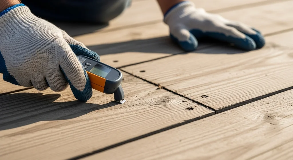 Roofer using moisture meter