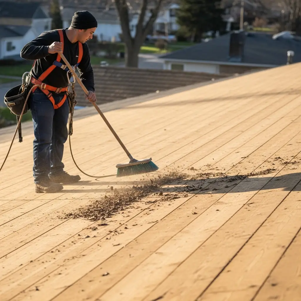 Roof Decking Nail Size: A Comprehensive Guide 3 Roofer cleaning roof decking before installation