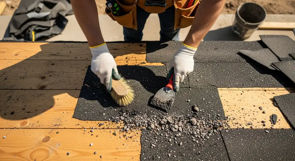 Roofer cleaning existing roof decking.