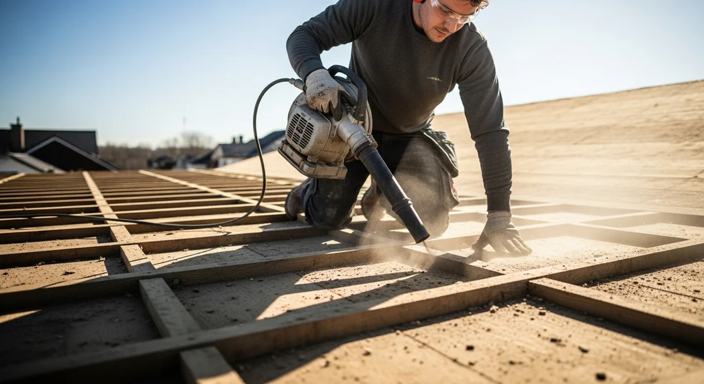 Roofer preparing roof decking for spray foam