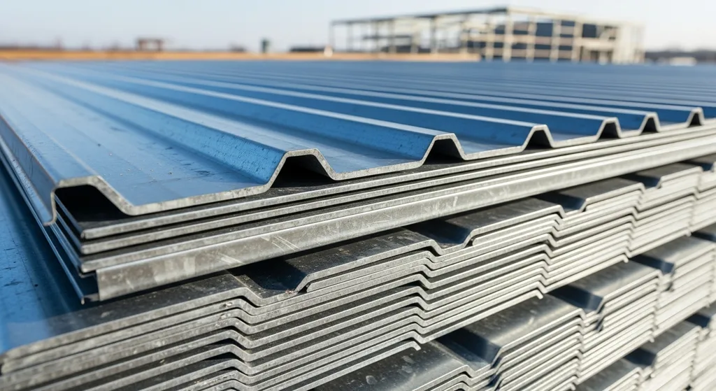 Steel roof decking panels at a construction site