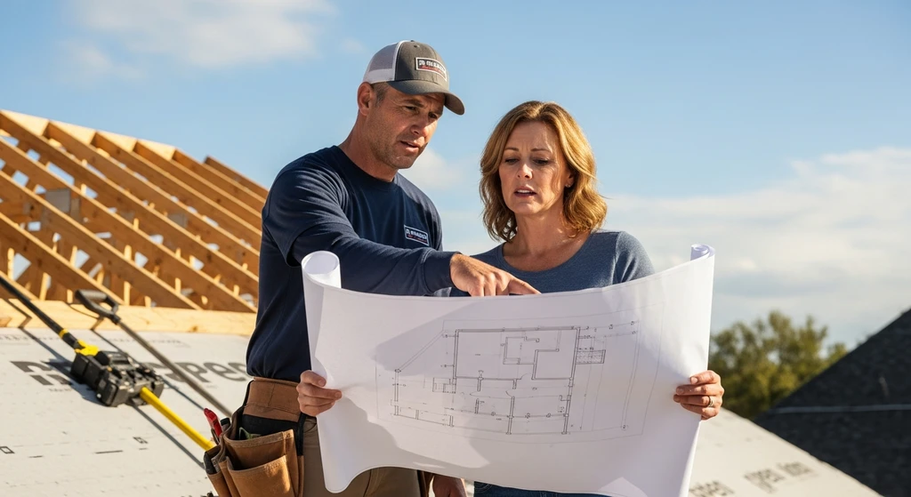 Roofer and homeowner reviewing plans for metal roof installation