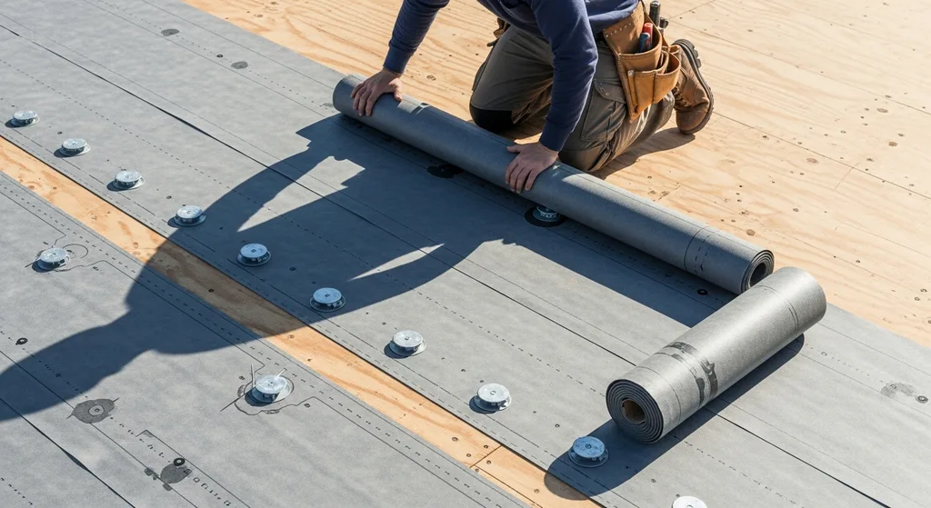 Roofer installing synthetic underlayment