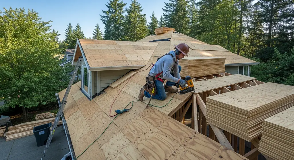 Roofer working safely on roof deck construction