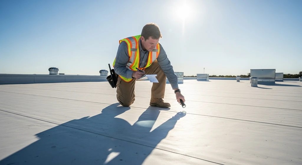 Roofing contractor inspecting TPO roof