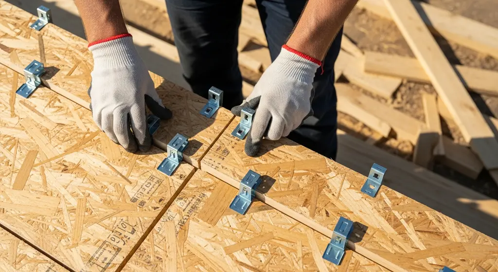 Roof Decking vs Sheathing — What's the Difference? 5 Roofer installing H-clips on roof sheathing