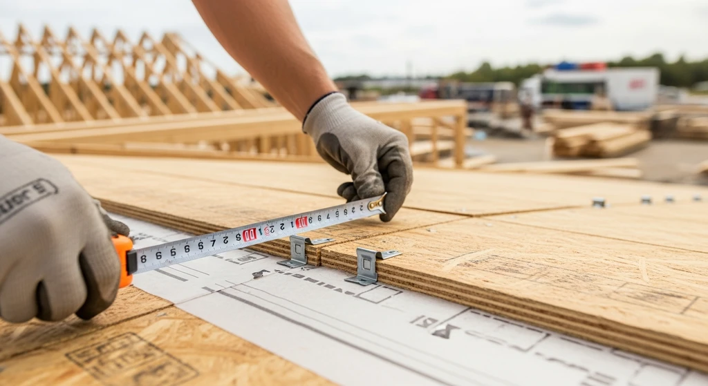Worker checking H-clip spacing on roof decking with a tape measure