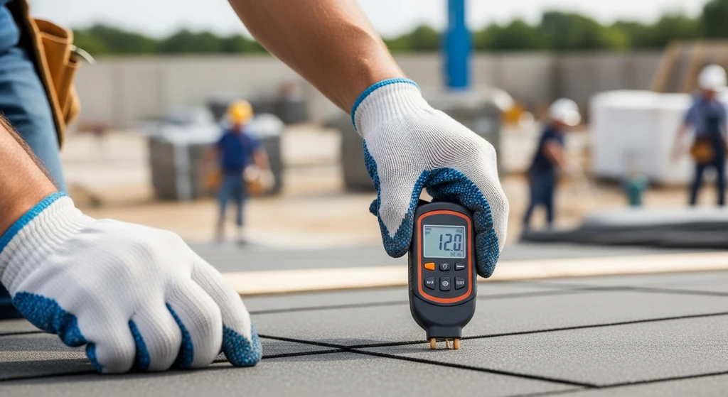 Roofer checking moisture content.
