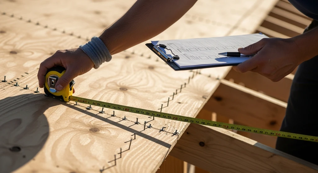 Construction worker inspecting roof decking attachment