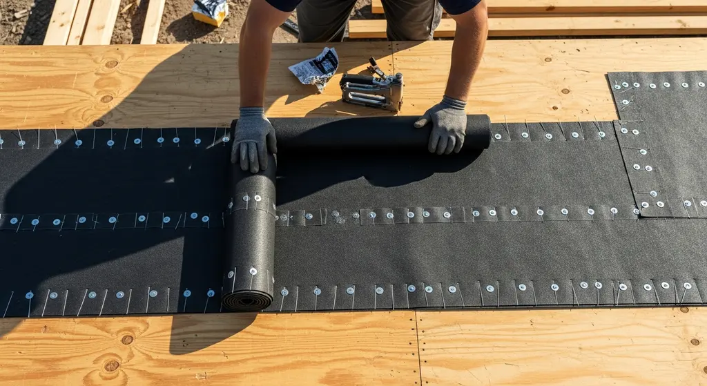 Roofer installing synthetic underlayment on roof deck
