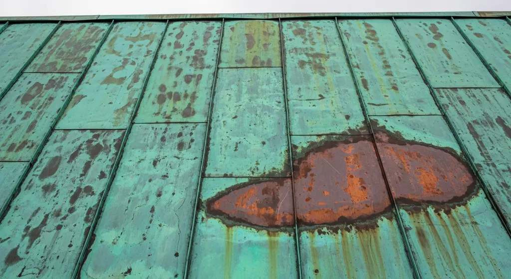 Copper roof showing patina and discoloration