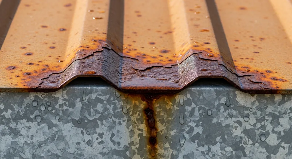 Metal Roof Shingles: Warning Signs & Inspection Tips 2 Close-up of rusted metal roof shingle