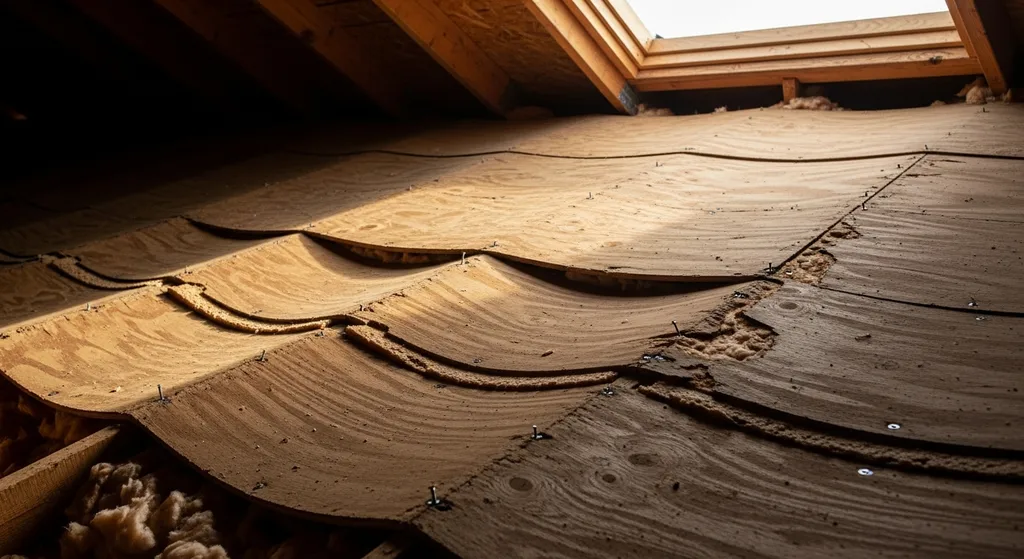 Buckling roof decking in attic
