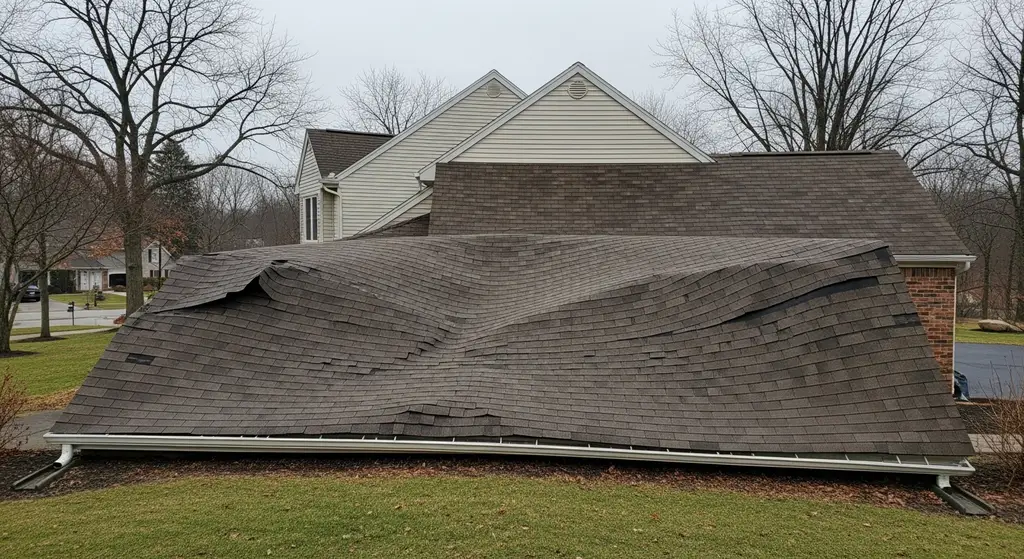 Sagging roofline indicating potential roof decking delamination