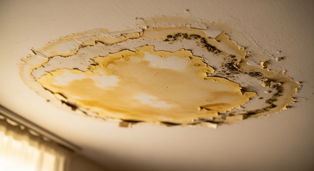 Roof Decking Water Damage: Signs, Causes, & Prevention 2 Water stains on ceiling indicating roof leak