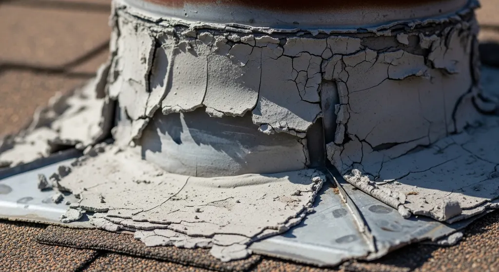 Cracked and peeling roof sealant around chimney flashing.