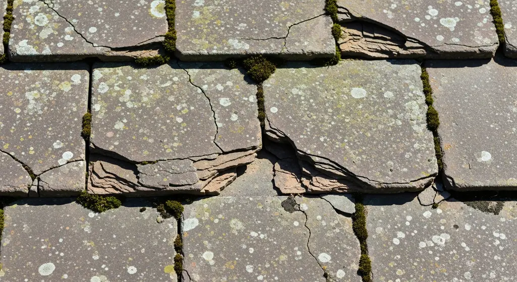 Close-up of damaged artificial roof slates