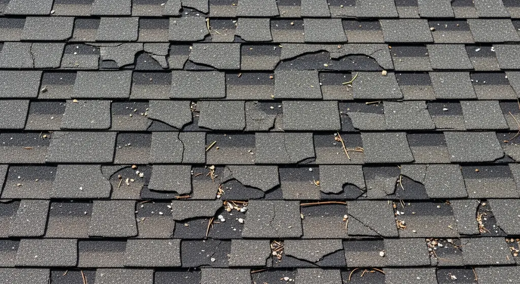 Storm-damaged asphalt shingles with granule loss and cracks
