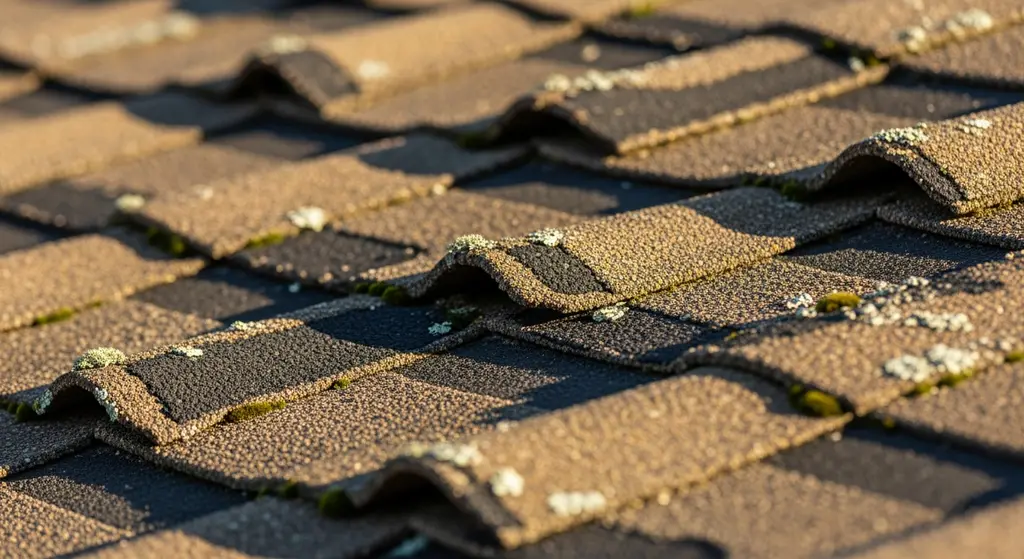 Damaged asphalt shingles with granule loss and curling