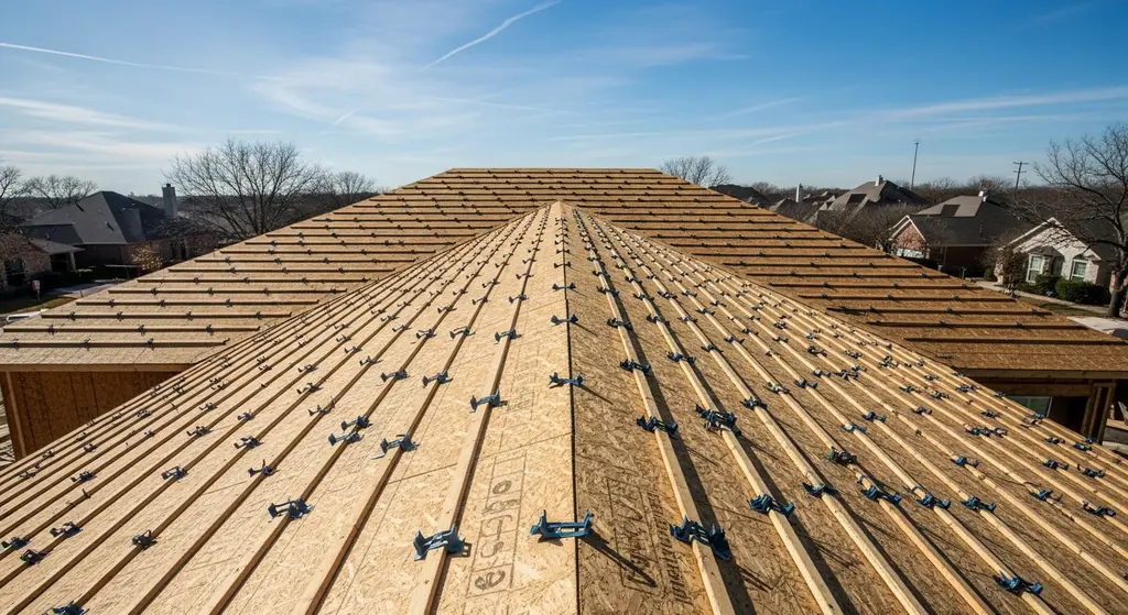 Roof decking with H-clips installed on a residential home in Dallas