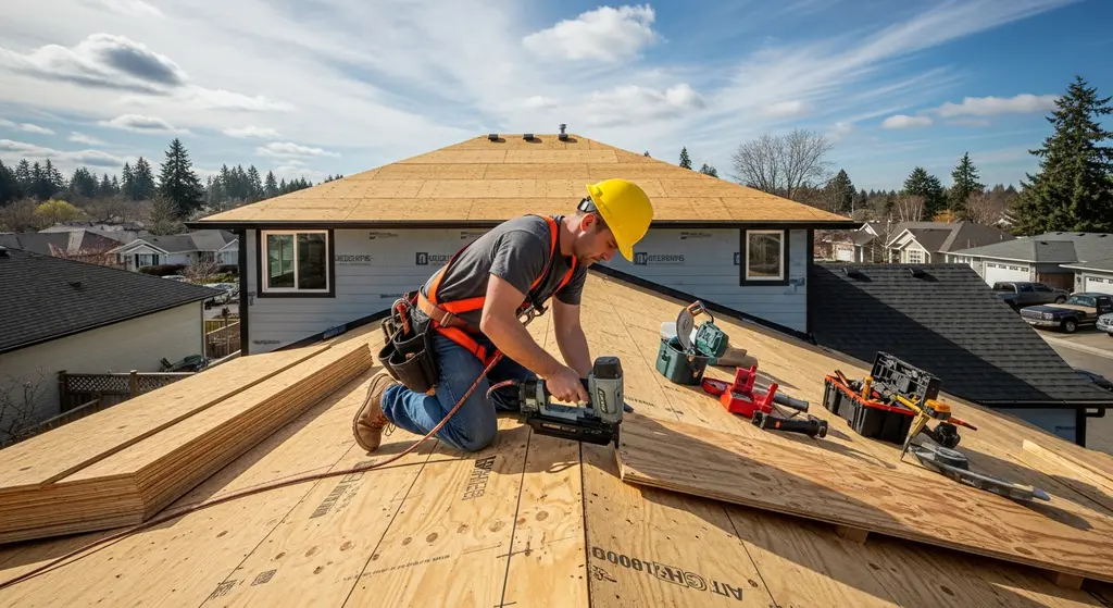 Roofer wearing safety gear.