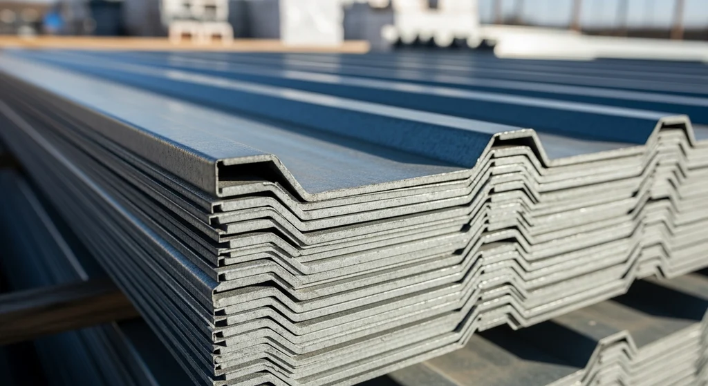 Steel roof decking panels at Dallas lumber yard