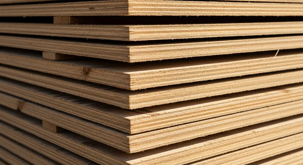Stack of CDX plywood sheets at a lumber yard.