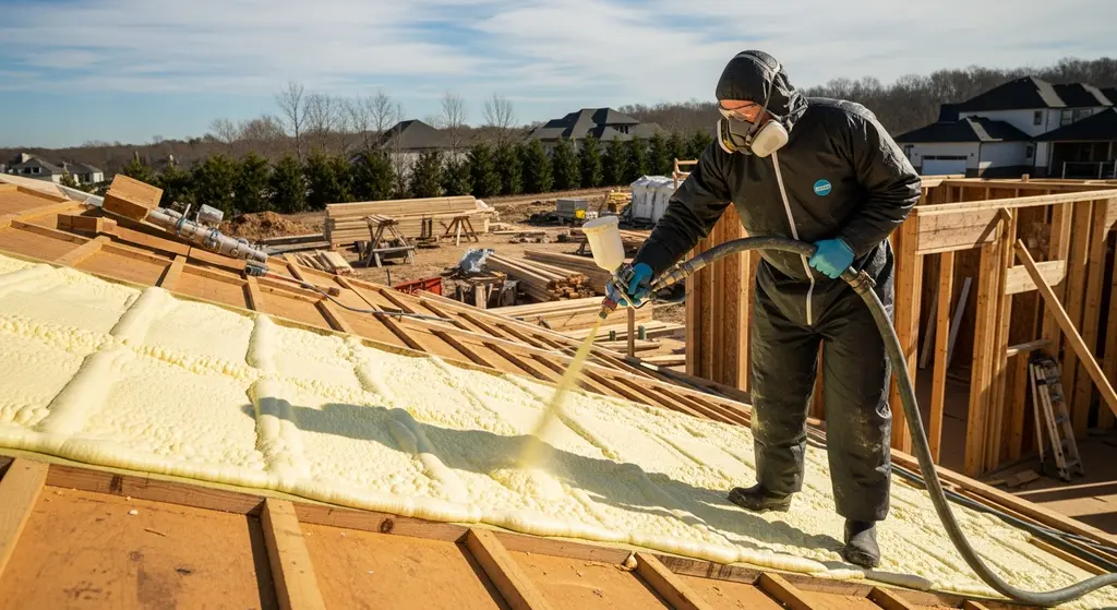 Roofer spraying foam insulation