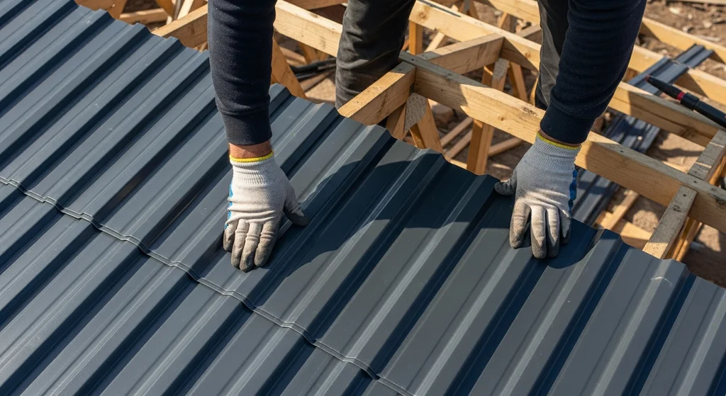 Roofer installing metal roof decking