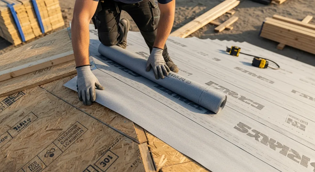 Roofer installing underlayment
