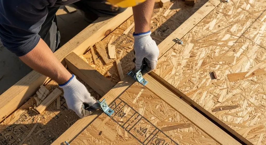Hands installing an H-clip between two OSB roof panels