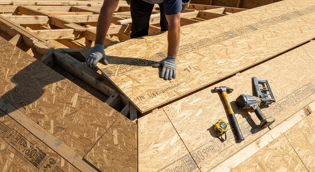 Roofer installing OSB panel.