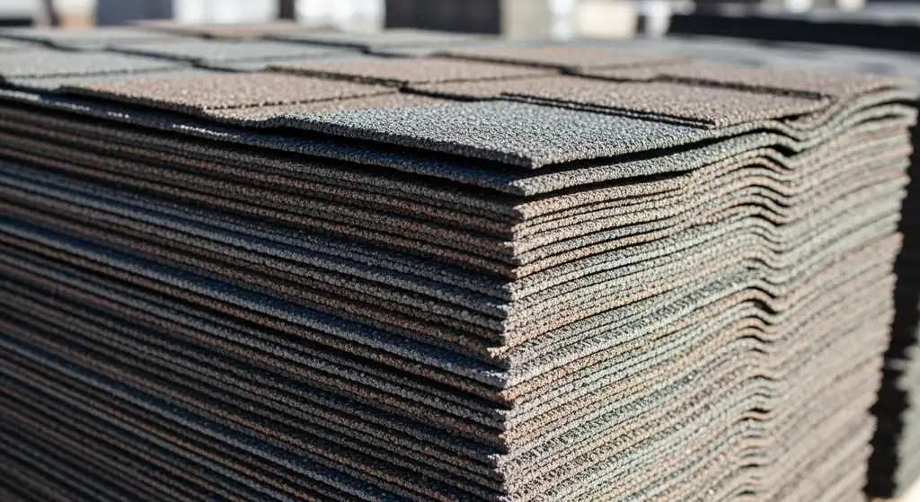 Close-up of laminated architectural shingles showing thickness and texture
