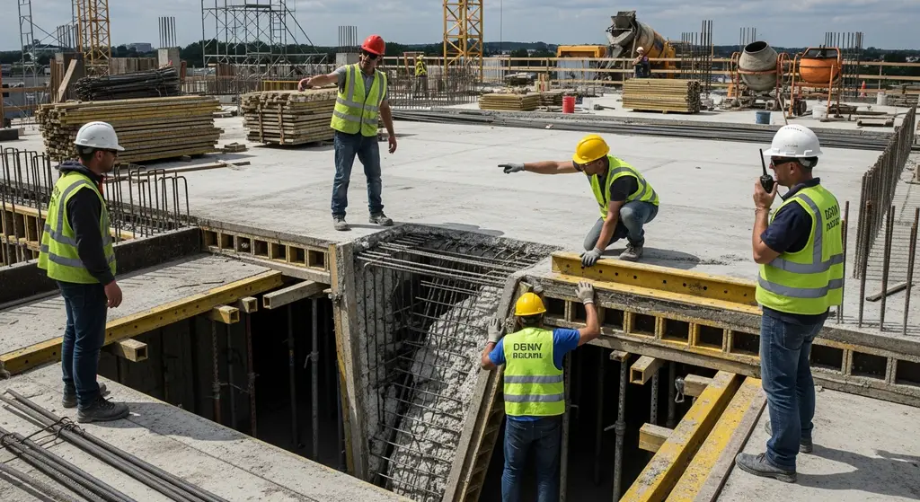 Construction site with unexpected problem during roof deck installation.