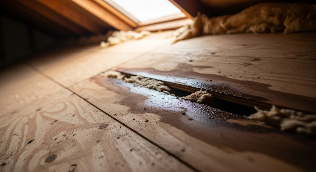 Water damage on roof decking