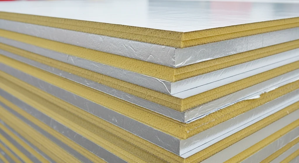 Stack of polyiso insulation boards at a construction site.
