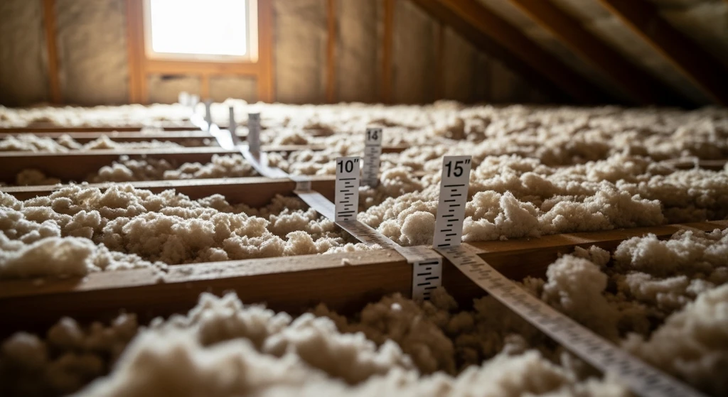 Blown-in cellulose insulation at R-49 depth in a Dallas attic
