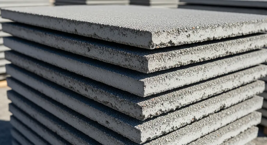 Stack of concrete roof decking tiles