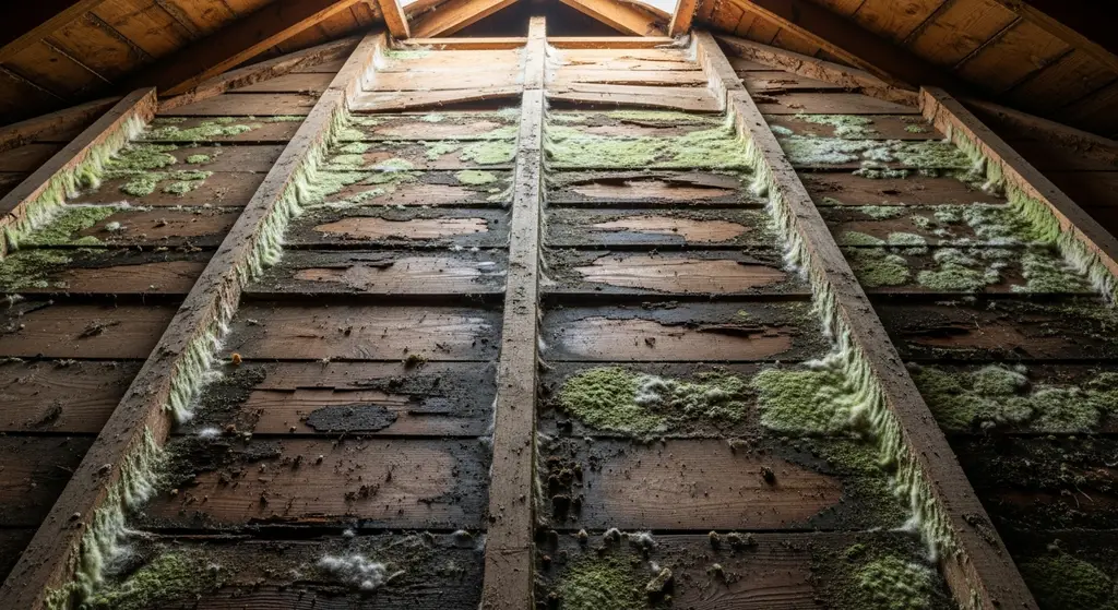 Roof decking with moisture damage and mold