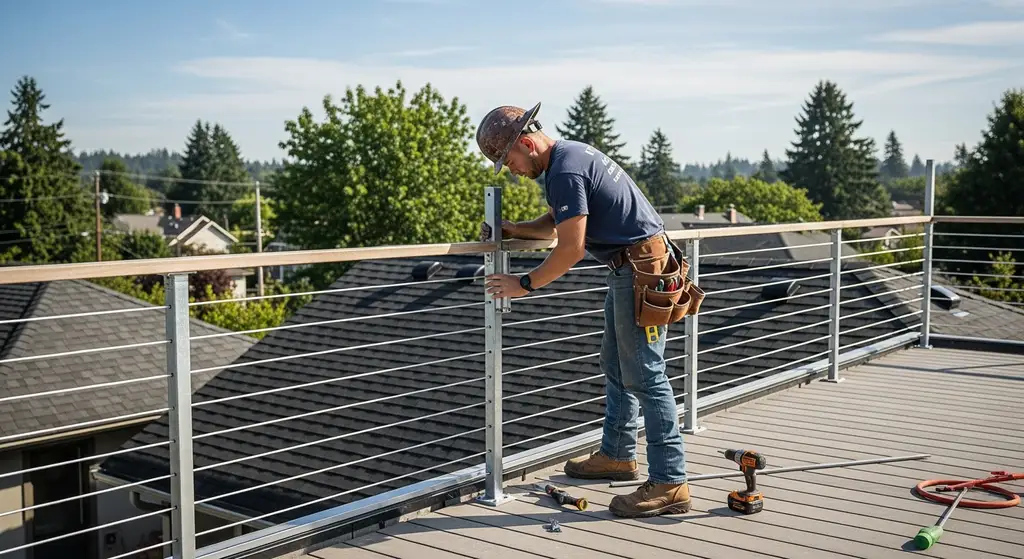 Construction worker installing railing