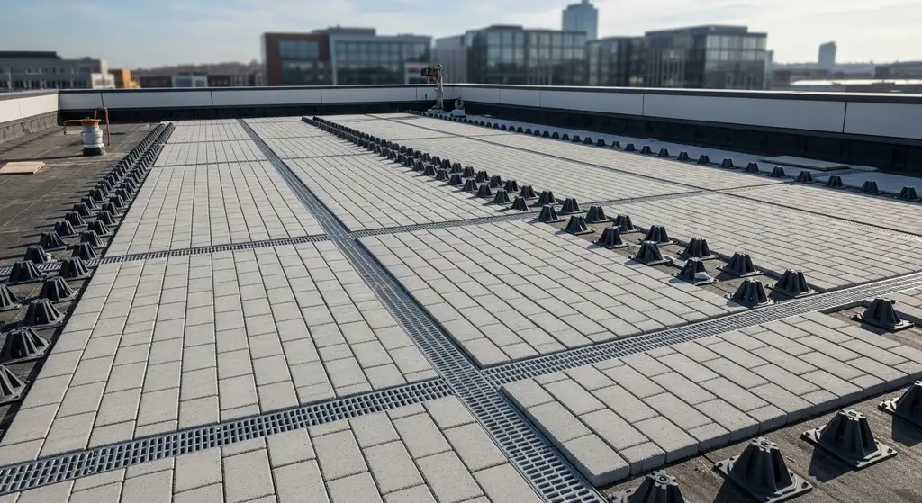 Roof Decking Pedestals: Commercial Applications & Code 2 Commercial roof with paver system on pedestals