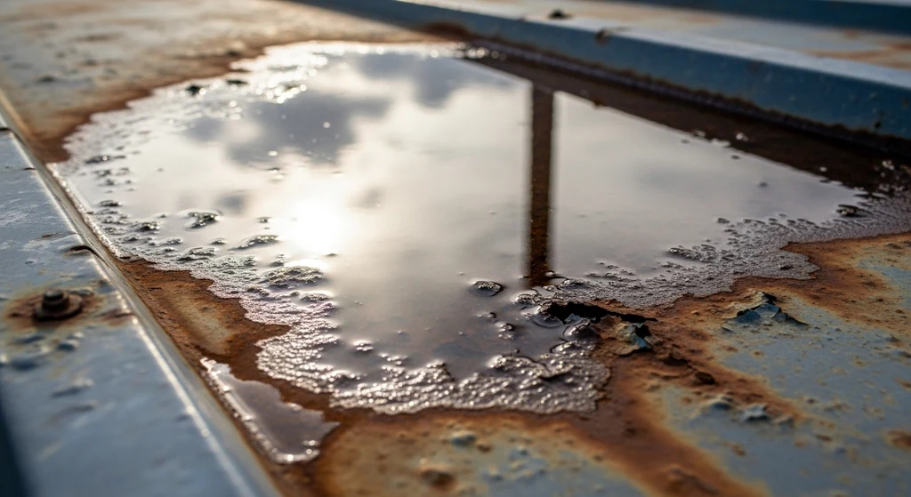 Minimum Pitch for Metal Roof — What You Need to Know 2 Water ponding and rust on a metal roof.