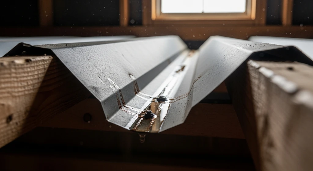 Deflected metal roofing panel indicating improper installation