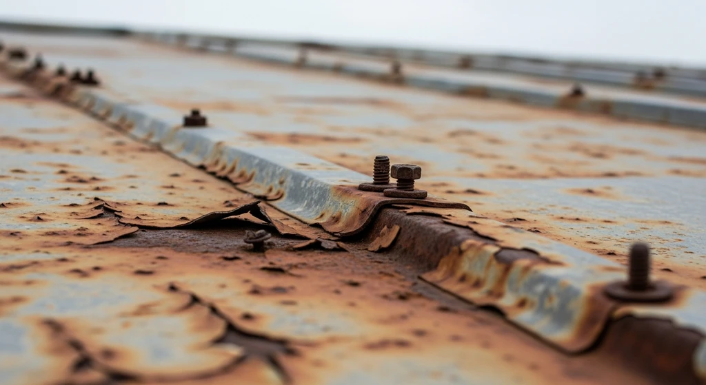 Close-up of rusted metal roof with peeling paint.