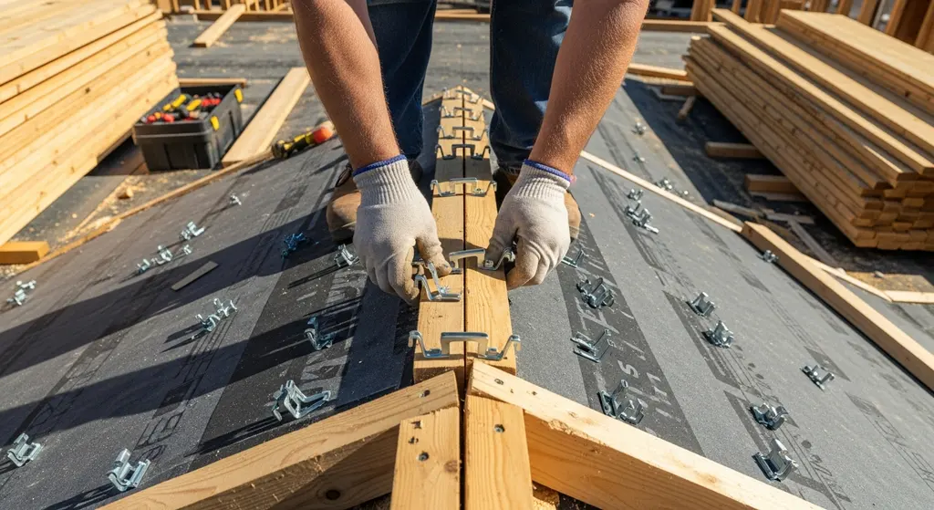 Roofer hands installing metal H-clips between roof decking sheets