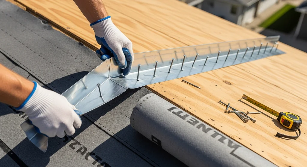 Roofer installing flashing