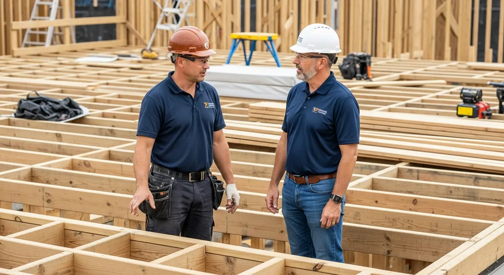 Contractor and homeowner discussing roof deck project.