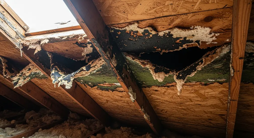 Different Types of Commercial Roof Decking: A Comprehensive Guide 5 Wood rot on roof decking.