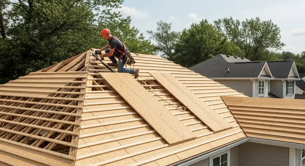 Roofer installing radiant barrier roof decking